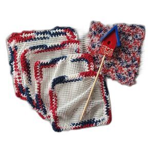 New Handmade Patriotic Crochet Jar Pad Grips & Dishcloth - Americana Home Decor
